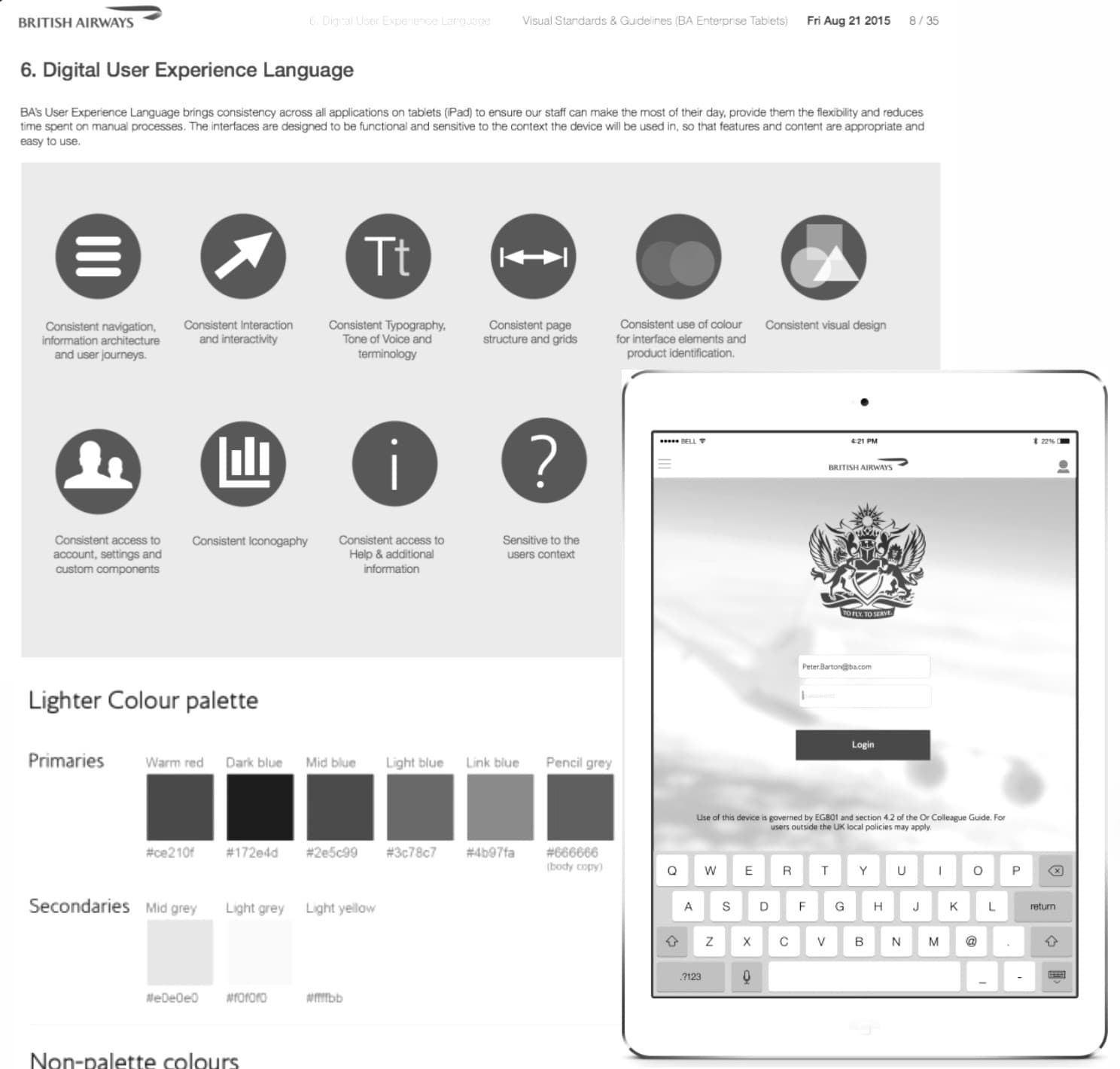 Before — the 2015 Digital User Experience Language guidelines and the flight-level iPad app