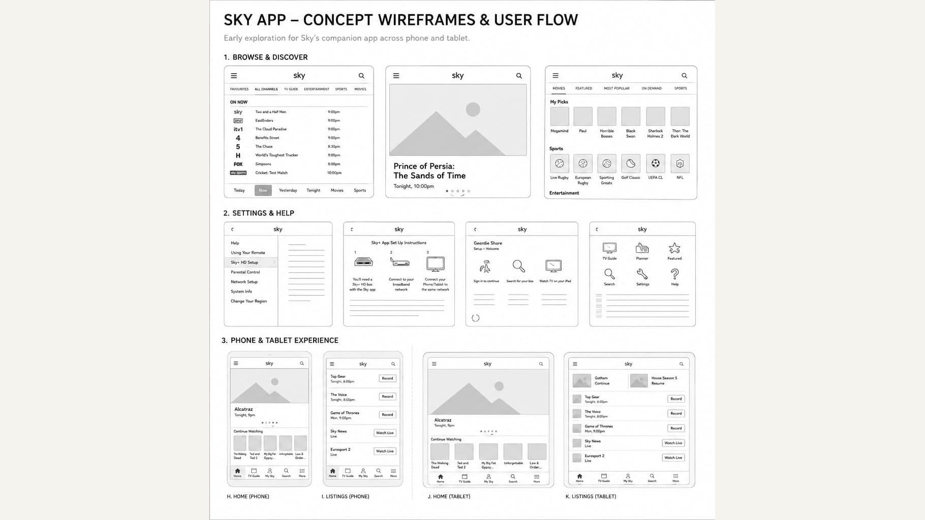 Wireframes — concept wireframes for browse & discover, settings & help, and phone/tablet experience