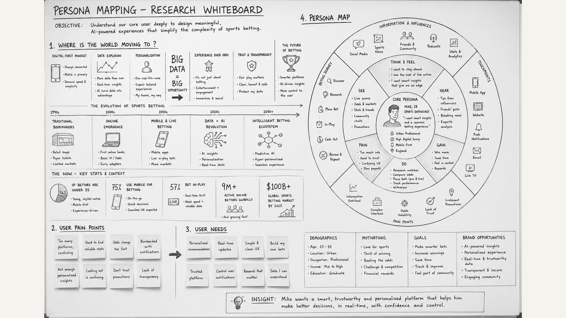 Research — persona mapping: betting journey, pain points, needs and brand opportunities