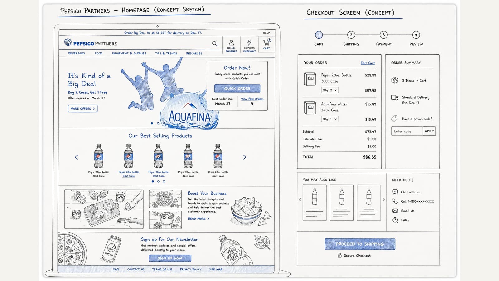 Approach — concept sketches for the homepage and checkout journeys