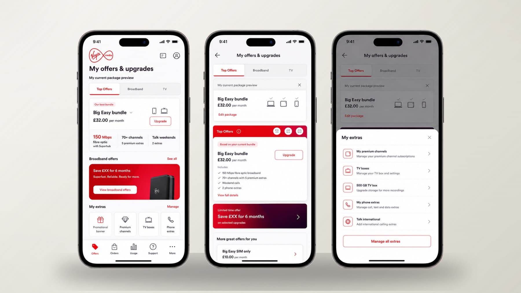 After — the shipped Offers & Upgrades flow across the mobile journey